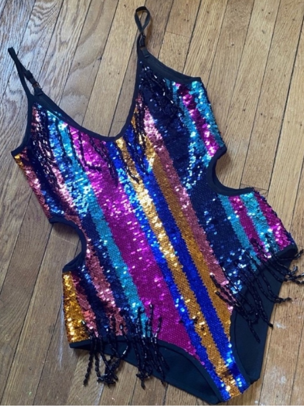 Rainbow sequin fringe bodysuit